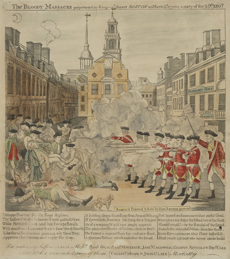 Paul Revere (1734-1818). The Bloody Massacre perpetrated in King Street, Boston, on March 5th 1770, by a Party of the 29th Regt. Boston Engravd Printed & Sold by Paul Revere, March 1770. Sold for $352,800 in  The Private Collection of William S. Reese Part One on 25 May 2022 at Christies New York
