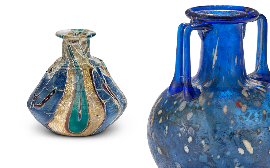 A Roman gold-band glass mosaic bottle, circa first half of 1st century AD. Sold for £81,900. Right, a detail of a Roman white, red and blue splashed glass amphoriskos, c. 1st century AD. Sold