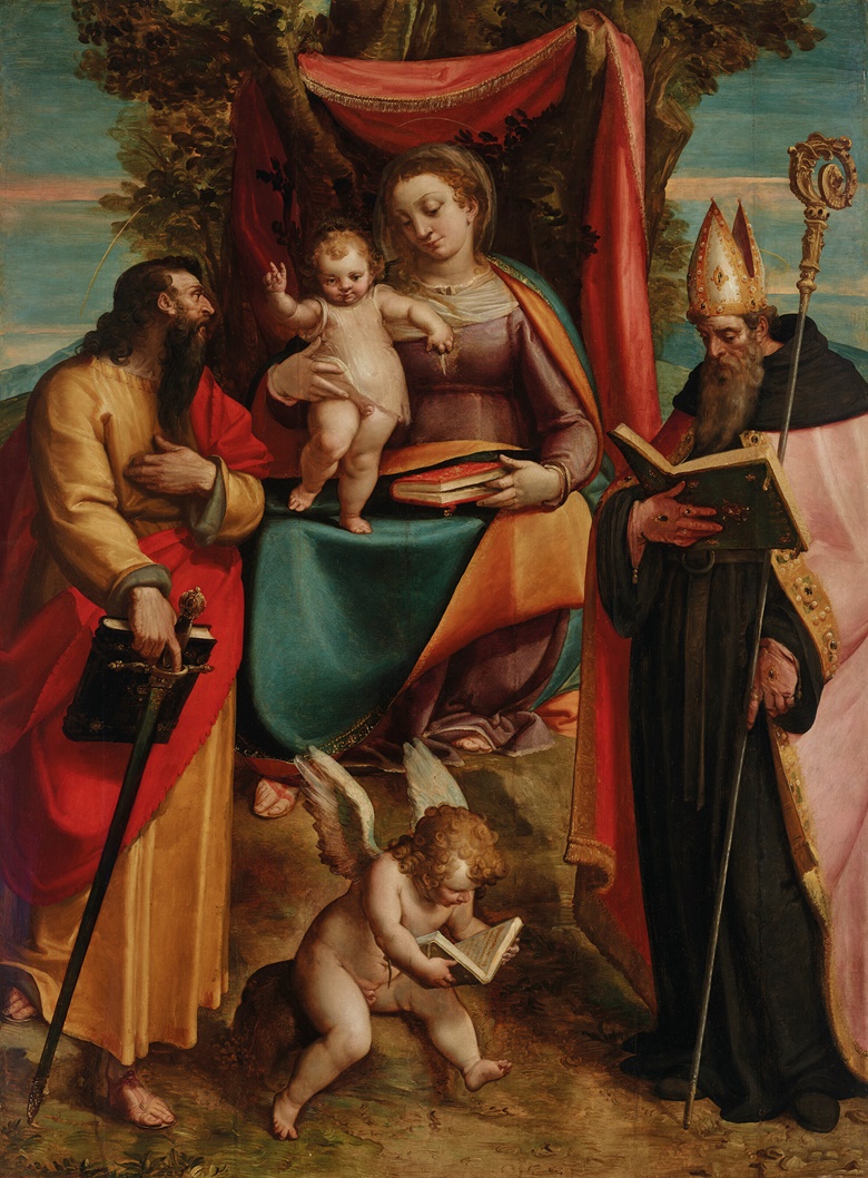 Luca Cambiaso (1527-1585), The Madonna and Child with Saints Paul and Augustine, a putto reading at their feet. Oil on panel. 78 ¾ x 58 ¼ in (200 x 148 cm).