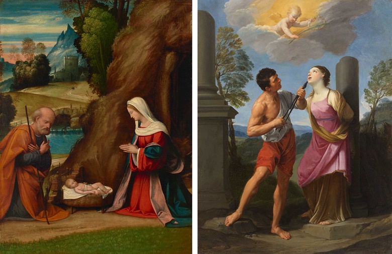 Left Benvenuto Tisi called Garofalo (1481-1559), The Holy Family. Oil on panel. 19 ¼ x 14 ⅜ in (48.9 x 36.7 cm). Right Guido Reni (1575-1641), The Matyrdon of Saint Apollonia.  Oil on copper. 17 ⅜ x 13 ¼ in (44.1 x 33.6 cm). Sold for $819,000 in Old Masters  New Perspectives Masterworks from The Alana Collection on 9 June 2022 at Christies in New York