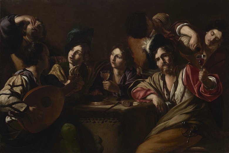 Bartolomeo Manfredi (1582-1622), A drinking and musical party. Oil on canvas. 52 x 77 ⅜ in (132 x 196.5 cm).