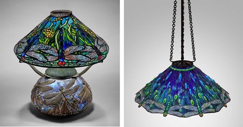 Left Tiffany Studios, early and rare ‘Dragonfly and Waterflowers’ table lamp, c. 1900. Leaded glass, mosaic Favrile glass, patinated bronze. 17 ¾ in (45.1 cm) high, 16 in (40.6 cm) diameter of shade. Sold for $756,000; Right Tiffany Studios, important and rare ‘Hanging Head Dragonfly’ chandelier, c. 1905. Leaded glass, patinated bronze. 10½ in (26.7 cm) high,