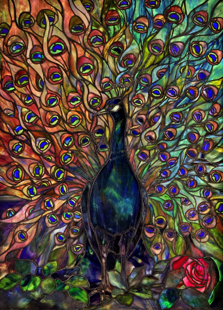 Tiffany Studios, ‘Peacock’ window, c. 1910-1915. Leaded and plated glass. 31 x 22 ⅞ in (78.7 x 58.1 cm) (sight). Sold for $352,800 in Tiffany Masterworks from the Garden Museum A Private Collection on 10 June 2022 at Christie’s in New York
