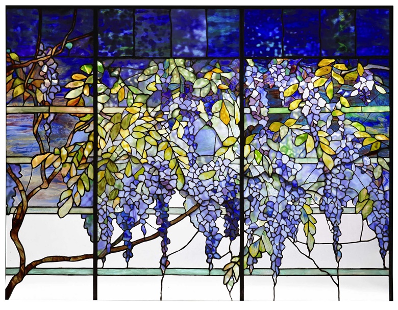 Tiffany Studios, important ‘Wisteria’ transom window from the dining room of Louis Comfort Tiffany’s private estate, Laurelton Hall, Oyster Bay, Long Island, c. 1905. Leaded glass. 35 x 46 ½ in (88.9 x 118.1 cm) (sight).