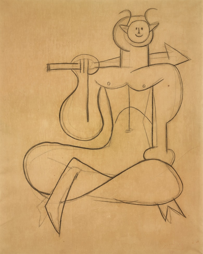 Pablo Picasso (1881-1973), Faune à la lance, 1947. Black chalk on paper. 64¾ x 51½ in (164.5 x 131 cm). Estimate €1,500,000-2,500,000. Offered in Hubert de Givenchy - Collectionneur Chefs-doeuvre, 14 June at Christies Paris