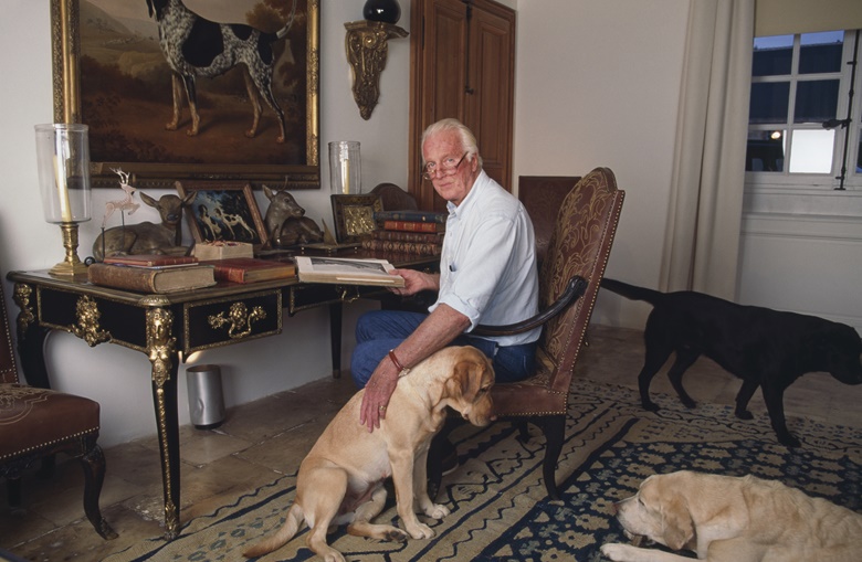 Hubert de Givenchy and his beloved dogs at his home, the Château du Jonchet, October 1995. Photo Getty Images