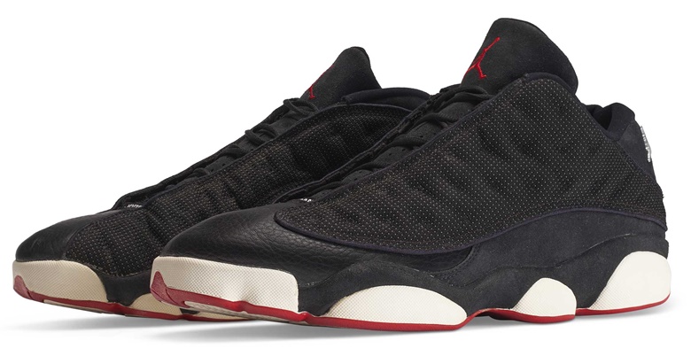 Michael Jordan game-worn and dual signed Player Exclusive Air Jordan Low XIII sneakers. Nike, 12 June 1998. Sold for $378,000 in Six Rings — Legacy of the GOAT on 14 June 2022 at Christies online