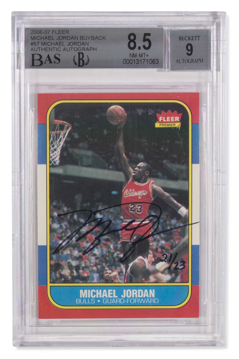 Michael Jordan Upper Deck signed 1986 Fleer #57 Rookie Card. FleerUpper Deck, 19862006. Sold for $1,008,000 in Six Rings — Legacy of the GOAT on 14 June 2022 at Christies online