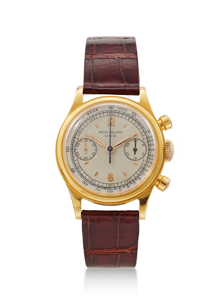 Patek Philippe. ‘Tasti Tondi’, an 18k rose gold chronograph wristwatch with two-tone silvered dial, retailed by Serpico y Laino. Reference no. 1463R, circa 1952. Sold for $189,000 on 9 June 2022 at Christie’s in New York