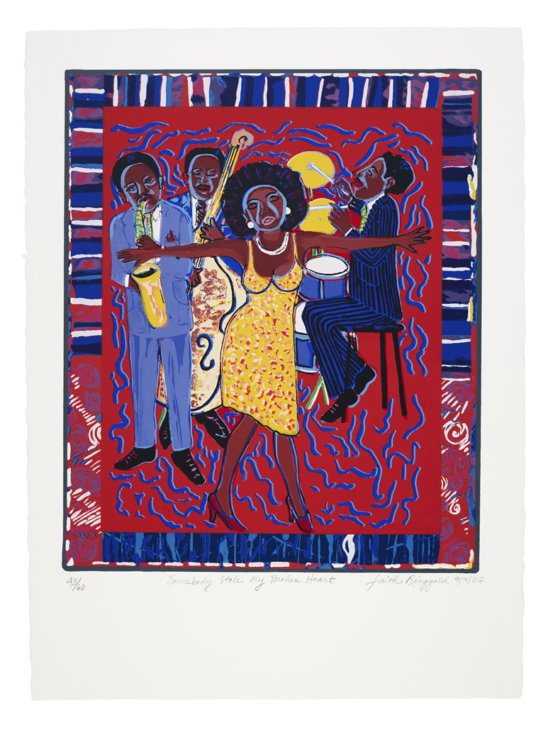 Faith Ringgold (b. 1930), Somebody Stole My Broken Heart, 2007. Screenprint in colours. Image 22½ x 18⅝ in (57.2 x 47.3 cm) Sheet 30⅛ x 22¼ in (765 x 565 mm). Sold for $10,080 in Contemporary Edition on 19 July 2022 at Christie’s Online