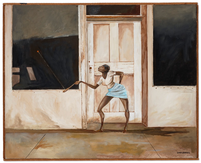 Ernie Barnes (1938-2009), Juba Dis an Juba Dat, 1972. Acrylic on canvas, in artists frame. 24 ¾ x 30 ½ in. (62.8 x 77.5 cm). Sold for $478,800 in First Open  Post-War & Contemporary Art on 20 July 2022 at Christie’s Online