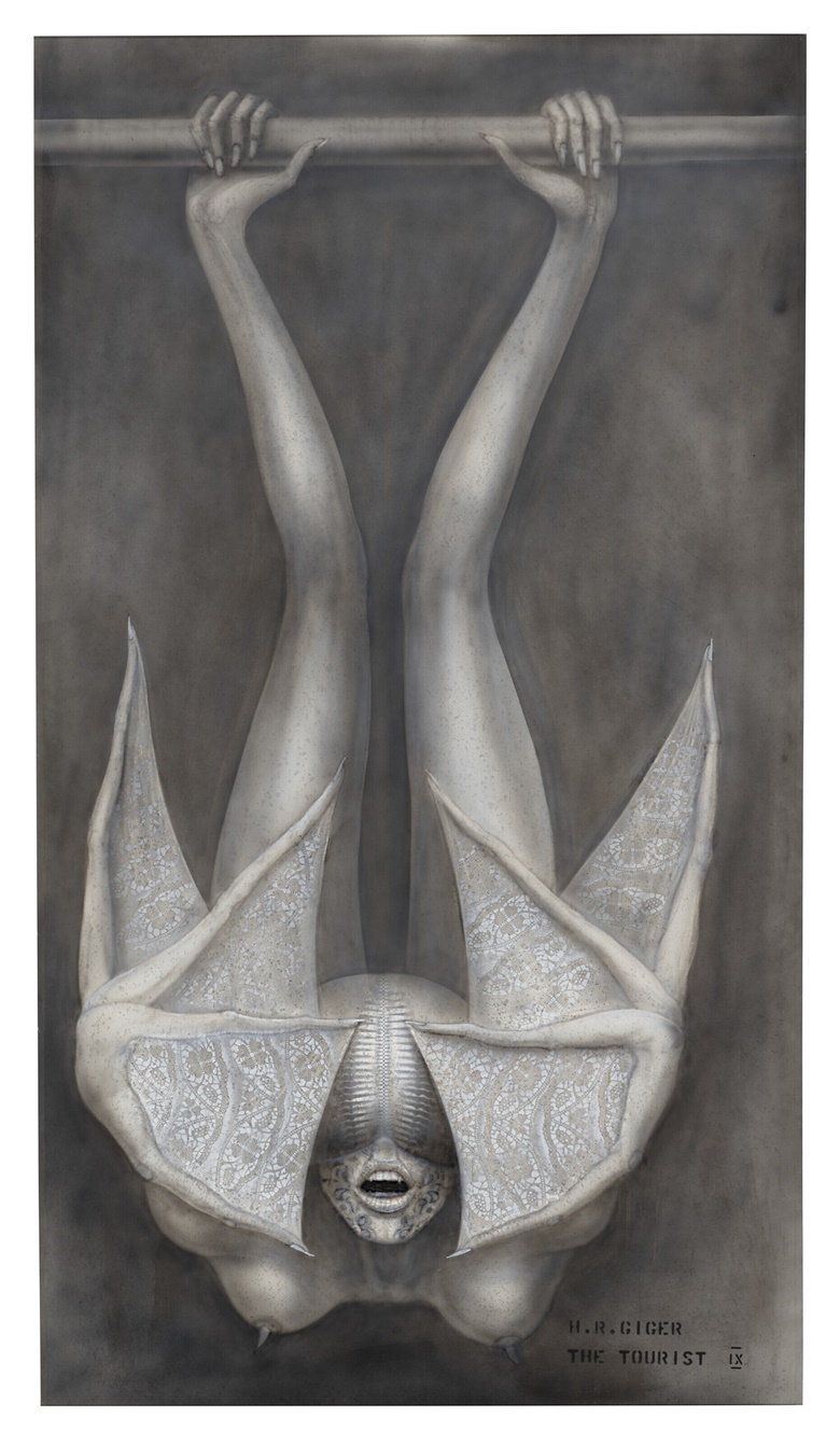 H.R. Giger (1940-2014), The Tourist IX, Hanging Alien Looking Dying Spider,1982. Acrylic and airbrush on paper. 55¾ x 31 in (144 x 80 cm). Sold for $189,000 in in First Open  Post-War & Contemporary Art on 20 July 2022 at Christie’s Online