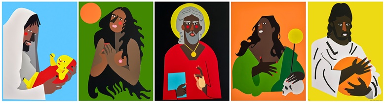 Nina Chanel Abney (b. 1982), Temporary Friends, 2019. Five relief prints in colours. Each Sheet 39¼ x 29½ in (99. 6 x 74.9 cm). Estimate $60,000-80,000. Offered in Trespassing from 8-21 July 2022 at Christie’s Online