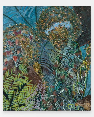 Tammy Nguyen (b. 1984), Stations of the Cross Jesus Meets His Mother, 2022. Watercolour, vinyl paint, pastel, and metal leaf on paper stretched over panel. 14 panels, each 167.6 x 139.7 cm. Courtesy the artist and Lehmann Maupin