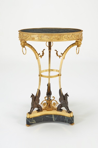 A Consulat ormolu, patinated-bronze and marble gueridon, circa 1800, formerly in the collection of Duke Maximilian-Emmanuel of Bavaria (1849-1893). 30¾ in (78 cm) high; 23 in (58 cm) diameter. Estimate £180,000-250,000. Offered in Provenance Revealed Galerie Steinitz on 21 September 2022 at Christie’s in London