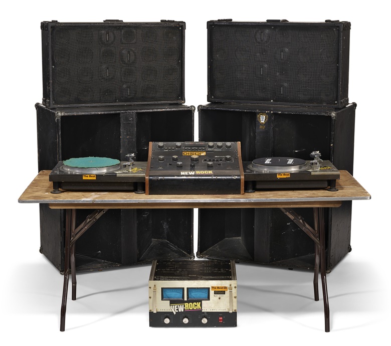 2 Technics SL-1100A turntables; a GLI 3800 mixer with GLI 1000 equalizer; a McIntosh MC-2300 stereo power amplifier; 2 speaker cabinets with 6 inch speaker array; 2 subwoffer cabinets and folding table, mid-1970s. Estimate $70,000-100,000. Offered in DJ Kool Herc & the Birth of Hip-Hop from 4-18 August 2022 at Christies Online