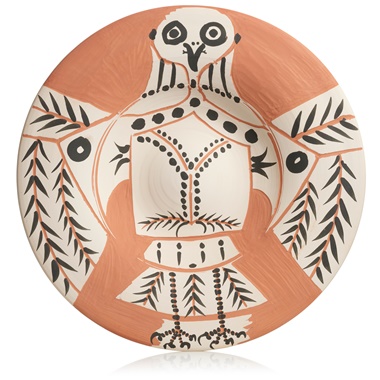 Pablo Picasso (1881-1973), Hibou blanc sur fond rouge (A.R. 395). Terracotta plate, partially engraved, with coloured engobe. Diameter 17⅜ in (44.1 cm). Conceived on 25 March 1957 and executed in a numbered edition of 200.