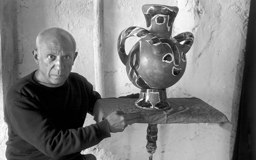 Pablo Picasso in his workshop studio in Vallauris, circa 1948. Photo © Michel Sima  Bridgeman Images. Picasso’s works & likeness © Succession Picasso  DACS, London 2022