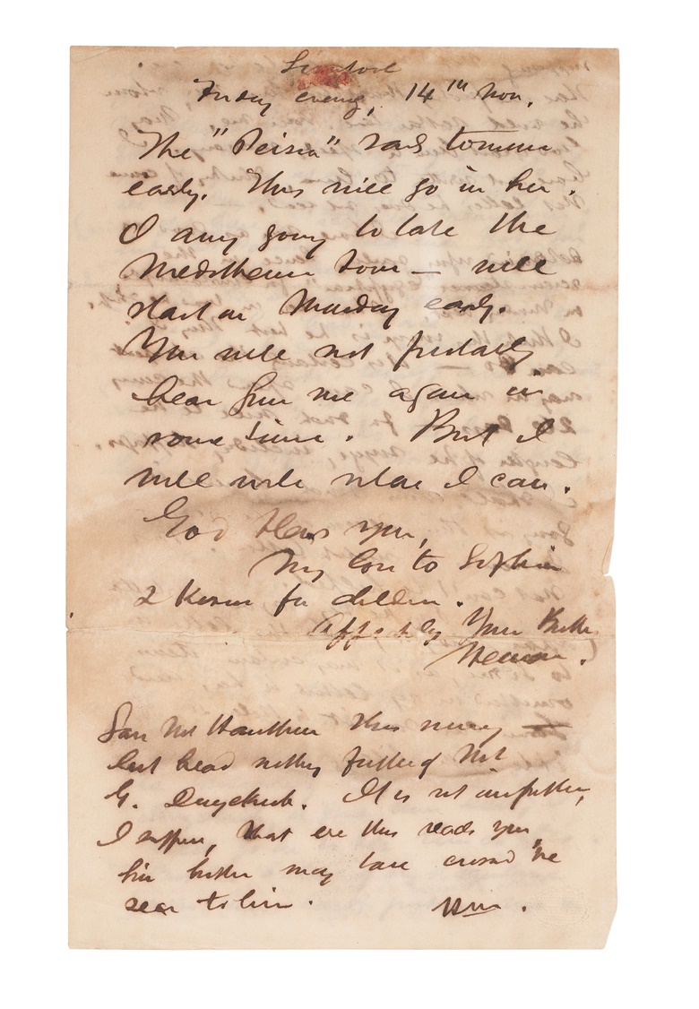 Herman Melville (1819-1891), Autograph letter signed (Herman and again Hm) to Allan Melville, Liverpool, 10, 13, 14 [&15] November 1856. Sold for $40,320 in The Herman Melville Collection of William S. Reese on 14 September 2022 at Christies Online
