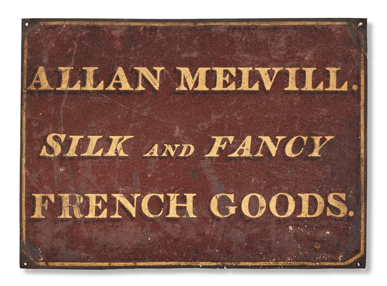 Melville Family – Allan Melvill (1782-1832), Shop sign, black painted metal bordered and lettered in gold, New York c. 1818. 430 x 310mm. Sold for $8,820 in The Herman Melville Collection of William S. Reese on 14 September 2022 at Christies Online