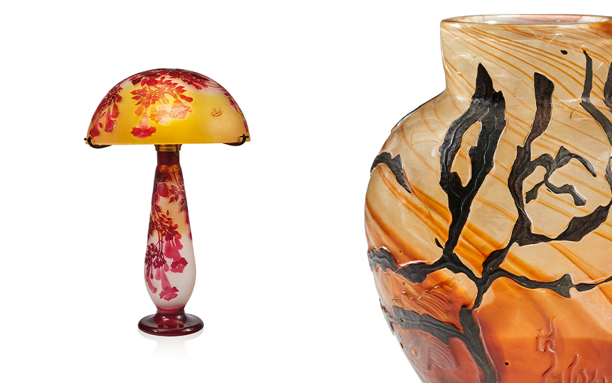 Émile Gallé (1846-1904), Vase à décor marin, circa 1900 (detail). 5½ x 4⅜ x 3½ in (14 x 11 x 9 cm). Estimate €6,000-8,000. Right, Établissements