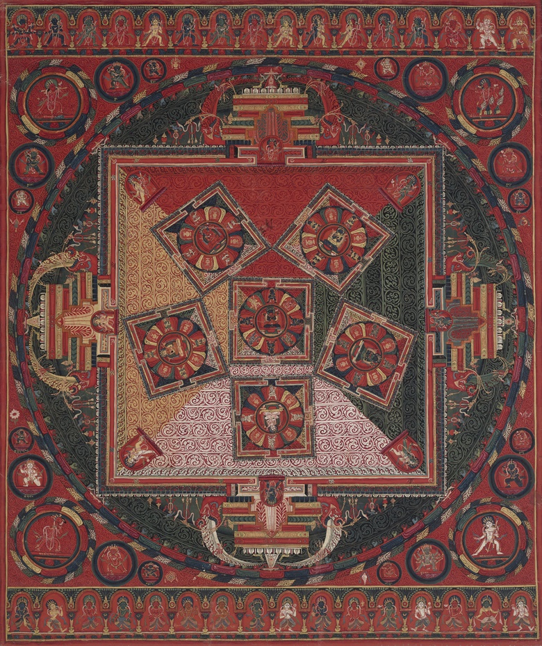六轉輪王曼陀羅唐卡。西藏中部，約十五至十六世紀作。28 12 x 24 英寸（72.4 x 61 公分）。估價：400,000-600,000美元。此拍品將於2022年9月21日在佳士得紐約杭廷頓伉儷珍藏拍賣中呈獻