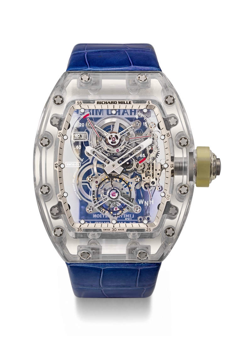 Richard Mille. An extraordinary and extremely rare transparent sapphire crystal and titanium limited-edition skeletonised tourbillon wristwatch with power-reserve and torque indicator, ref. RM56-01 AN SAPHIRPR00, No. 011, manufactured in 2013. Case 42 mm wide, 50 mm overall length. Sold for CHF 3,654,000 on 6 November 2022 at Christie’s in Geneva