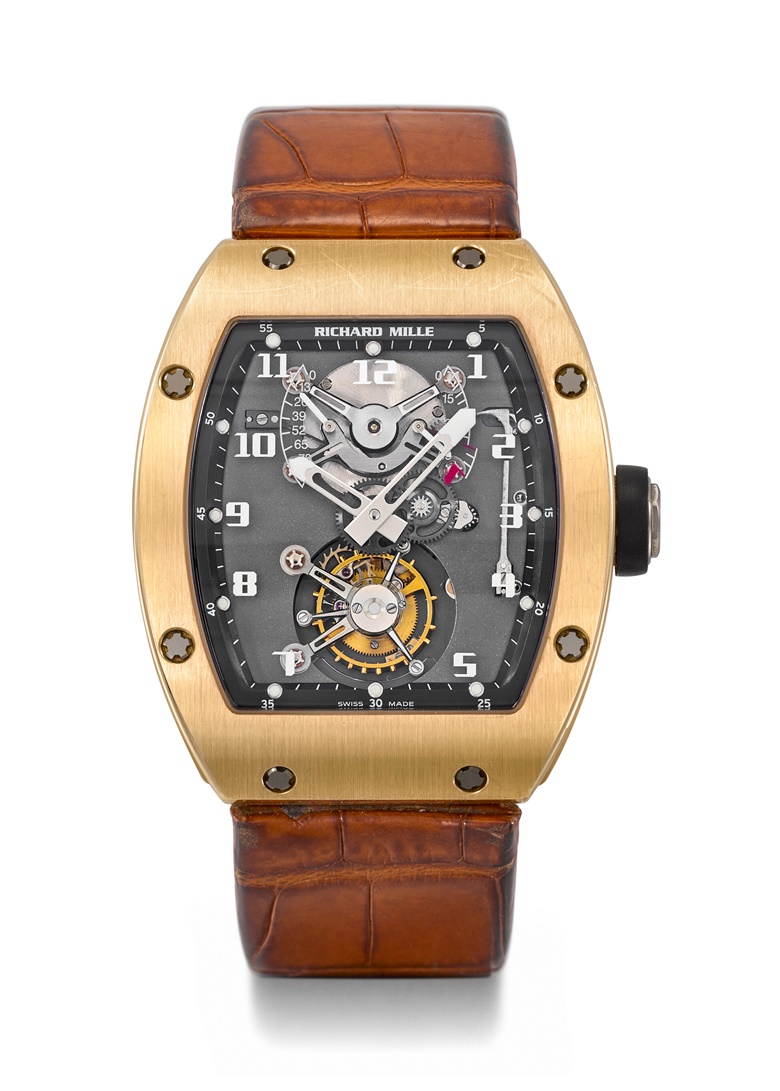 Richard Mille. A unique and highly important 18ct pink gold wristwatch with one-minute tourbillon, torque and power-reserve indicators, ref. RM001, circa 2001. Case 38 mm wide, 45 mm overall length. Sold for CHF 2,094,000 on 6 November 2022 at Christie’s in Geneva