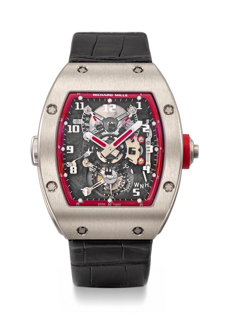 Richard Mille. A unique 18ct white gold limited-edition semi-skeletonised dual-time tourbillon wristwatch with power-reserve, torque indicators and guarantee, ref. RM003. Case 39 mm wide, 48 mm overall length. Sold for CHF 378,000 on 6 November 2022 at Christie’s in Geneva