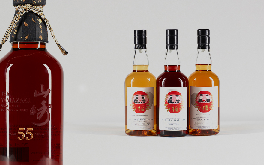 Left, The Yamazaki 55 Year Old. Right, Chichibu 7 Year Darumas Series 2012