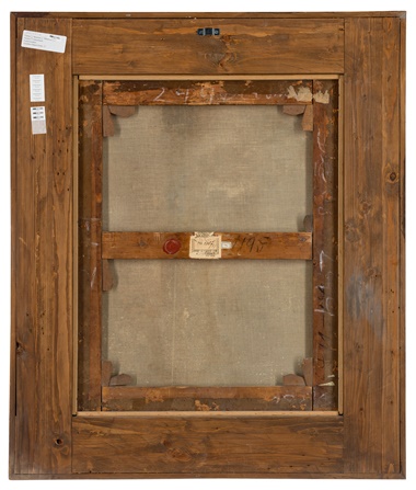 The sticker on the central brace indicates that the work was previously in the collection of Jacques Goudstikker, an important Dutch dealer of Old Master paintings. His collection, which had been surveyed by Hermann Goering, was looted by the Nazis