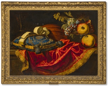 Francesco Fieravino, il Maltese (circa 1610-circa 1680), A mandolin with a book of music on a blue and gold cushion, with fruit on a partially draped ledge. Oil on canvas. 27 x 36½ in (68.6 x 92.7 cm). Sold for £23,940 on 9 December 2022 at Christie’s Online