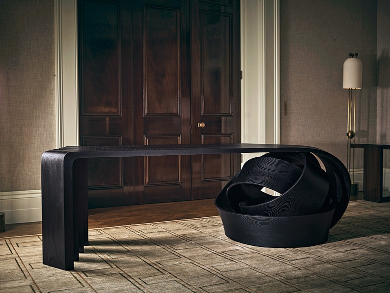 The Scarpa desk in ebonised ash is part of the Nodum series by Object Studio founder Tom Vaughan, which draws inspiration from the orthogonal work of architect Carlo Scarpa. Photo Courtesy of Tom Vaughan of Object Studio