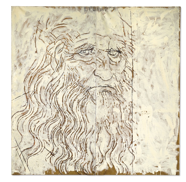Mario Schifano (1934-1998), Leonardo, 1963. Enamel and paper laid down on two attached canvases. Overall 78¾ x 78¾  in (200 x 200 cm). Sold for $511,500 on 15 November 2016 at Christie’s in New York. Artwork © Mario Schifano, DACS 2022