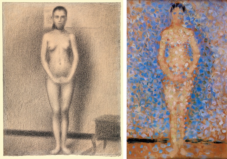 Left Georges Seurat, Étude pour ‘Les poseuses’, 1886-1887. The Metropolitan Museum of Art, New York. Photo © The Metropolitan Museum of Art, New York, Robert Lehman Collection, 1975. Right Georges Seurat, Poseuse debout, de face, étude pour “Les poseuses”, 1886-1887. Musée d’Orsay, Paris