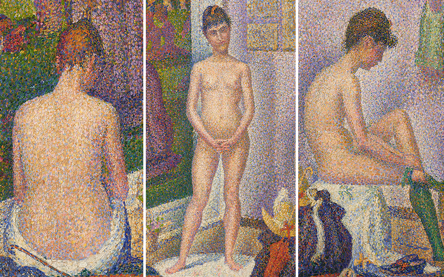 Details from Georges Seurat (1859-1891), Les Poseuses, Ensemble (Petite version), 1888. 15½ x 19¾ in (39.3 x 50 cm). Sold for $149,240,000 in Visionary The Paul G. Allen Collection Part