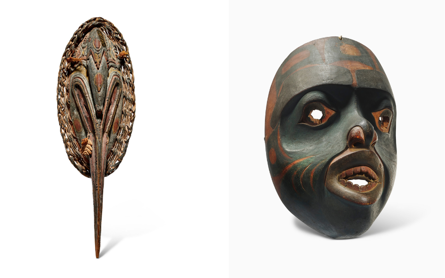 Left Image Flute mask, Lower Sepik region, Papua New Guinea, date unknown. Height 36cm (14 	⅛ in). Estimate €60,000-80,000. Right Image  Tlingit mask, Alaska, date unknown. Height 25.5cm (10 in).