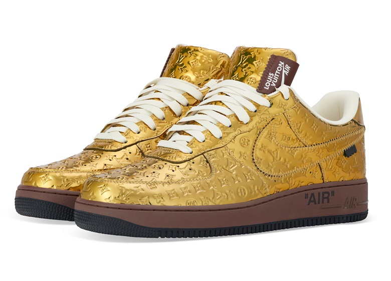 Louis Vuitton Nike Air Force 1 low gold by Virgil Abloh, 2022. Size 14 US. Estiamte $15,000-20,000. Offered in The Greats from 29 November-8 December at Christies online