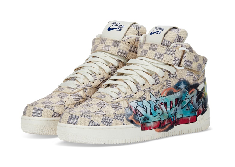 Louis Vuitton Nike Air Force 1 Mid Graffiti by Virgil Abloh, Louis Vuitton x Nike, 2022. Size 9 US. Sold for $7,560 in The Greats on 8 December at Christies online