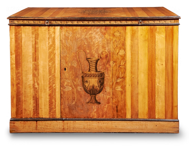 One of a pair of satinwood, holly and marquetry commodes made for the Earl of Coventry. William Ince and John Mayhew, 1765. Croome Court. Photo courtesy Croome Estate Trustees