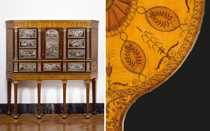 Left, a cabinet-on-stand made for the Duchess of Manchester, incorporating early-18th-century Florentine pietra dura panels, 1775. Photo courtesy Victoria and Albert Museum. Right, a detail of the