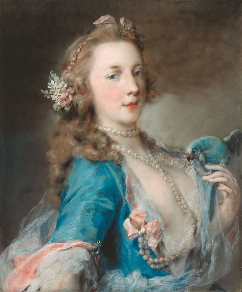 Rosalba Carriera (1673-1757), A Young Lady With a Parrot, circa 1730. Pastel on blue laid paper. Art Institute of Chicago, Regenstein Collection, 1985.40. Photo Art Institute of Chicago