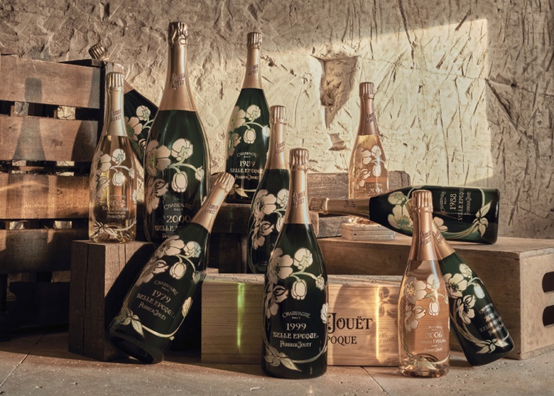Bottles of Perrier-Jouët Belle Epoque Brut and Rosé in the House’s chalk cellars in Epernay, Champagne