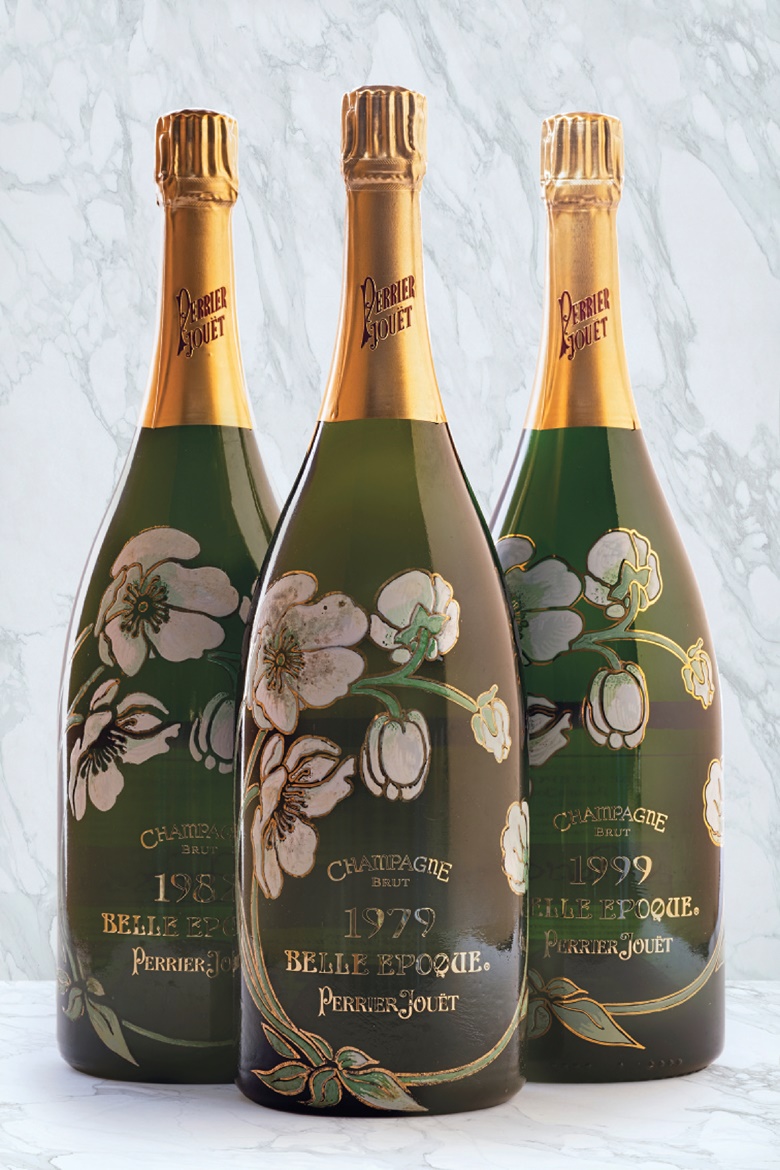 Bottles of Perrier-Jouët Belle Epoque Brut. First created in 1964, the house’s single-vintage ‘prestige cuvée’ is only made following an exceptional harvest