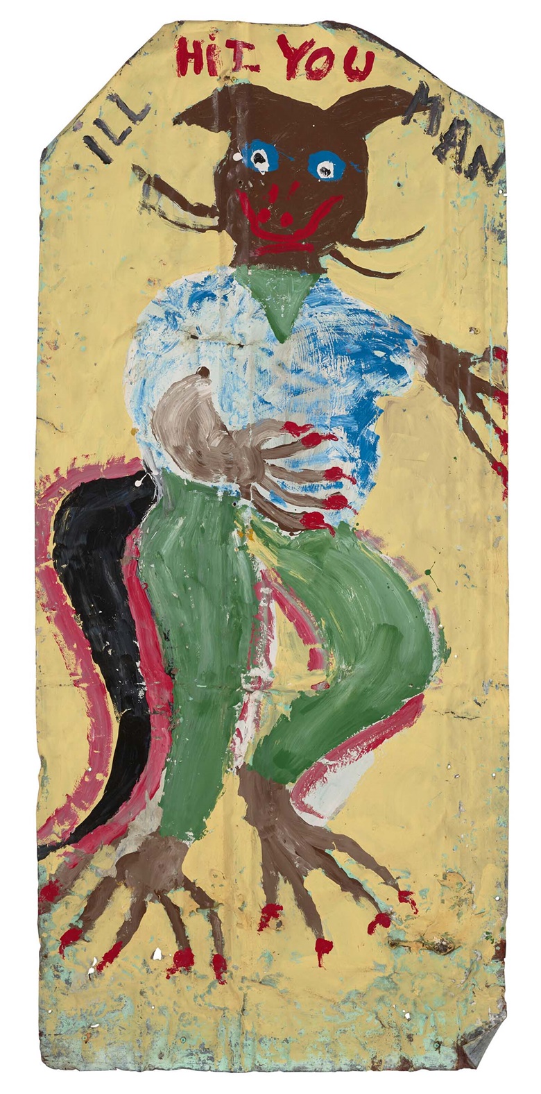 Sam Doyle (1906-1985), I’ll Hit You Man, executed in or before 1979. Enamel on repurposed metal siding. 56 x 24½ in (142.2 x 62.2 cm). Sold for $45,360 in Outsider and Vernacular Art on 18 January at Christie’s New York