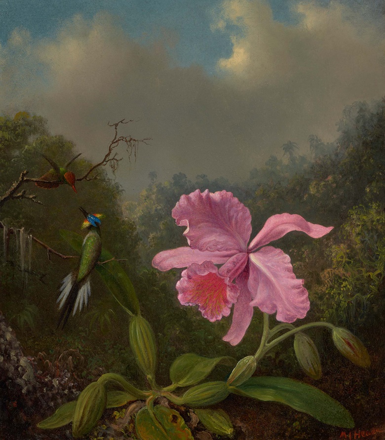 Martin Johnson Heade (1819-1904), Fighting Hummingbirds with Pink Orchid, c. 1875-1890. Oil on canvas. 16¼ x 14 in (40.5 x 35.3 cm). Sold for $945,000 in 19th Century American Art on 19 January at Christie’s New York