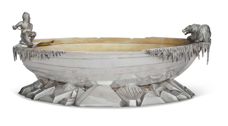 Whiting Mfg. Co., An American Silver Ice Bowl, numbered 401, 1870. Silver with gilt interior. Length 13½ in (34.3 cm); weight 49 oz (1,523 gr). Sold for $25,200 in Important Americana on 20 January at Christie’s New York