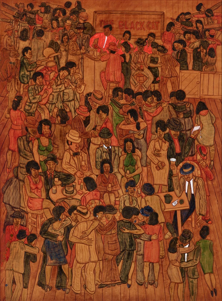 Winfred Rembert (1945-2021), The Black Cat. Dye on carved and tooled leather. 33 in x 24 in x 1 in (83.8 cm x 60.9 cm x 2.54 cm). Sold for $302,400 in Outsider and Vernacular Art on 18 January at Christie’s New York