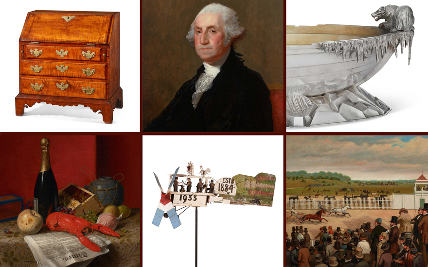 Clockwise from top left A Chippendale figured maple child’s slant front desk, attributed to John Chipman, c 1770-1790. Closed 22¾ in (57.7 cm) high; 20¼ in (51.4 cm) wide;