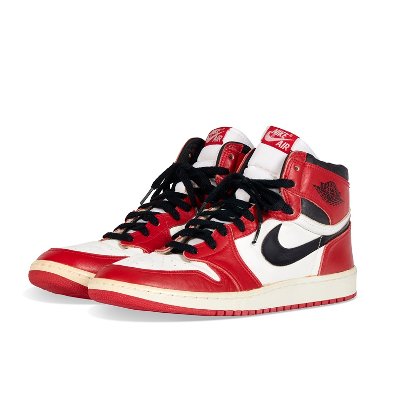 Michael Jordan signed and possibly game worn original Air Jordan 1 ‘Chicago’ sneakers. Nike, 1985. Sold for $107,100 in The Greats on 8 December 2022 at Christie’s online